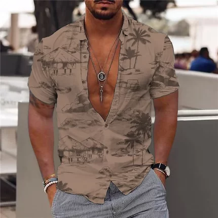 Mens Hawaiian Coconut Tree Pattern Print Button Up Short Sleeve Shirt