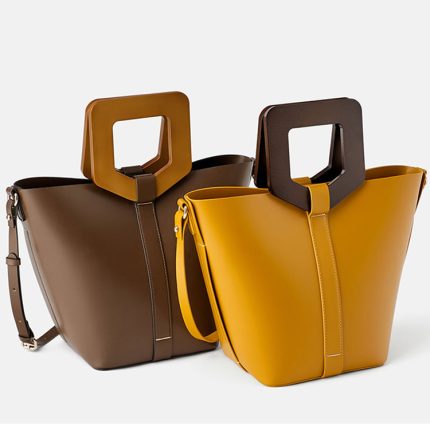 Custom Smooth Leather Wooden Handle Ladies Hand Bag